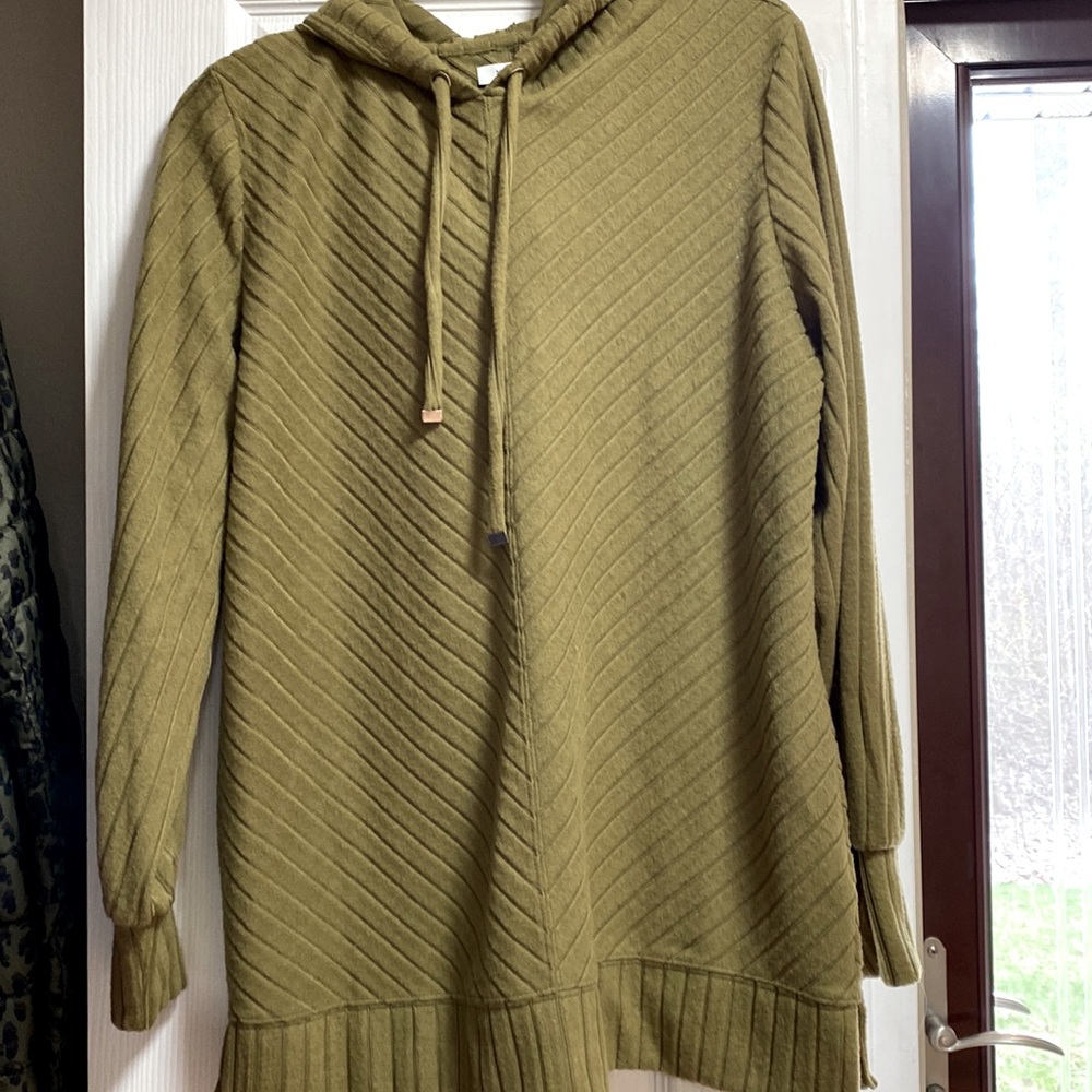 Nine West Hoodie Sweatshirt Sweater Womens Size L olive green Stretch Knit $44